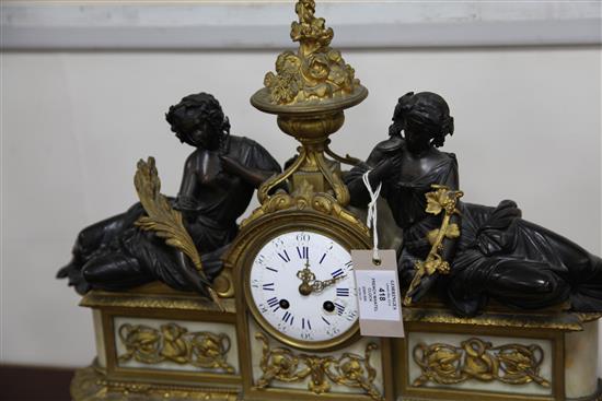 A 19th century French bronze, ormolu and white marble mantel clock, H.17in.